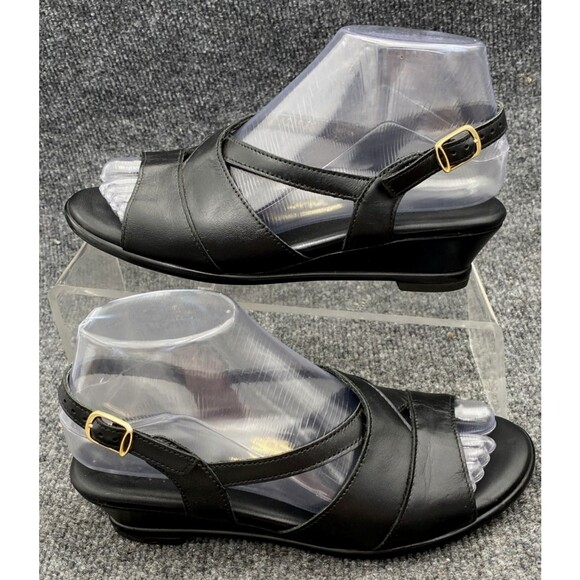 SAS Caress Cross Strap Sandals Size 6 W | Black Leather Comfort Wedge - Picture 2 of 16